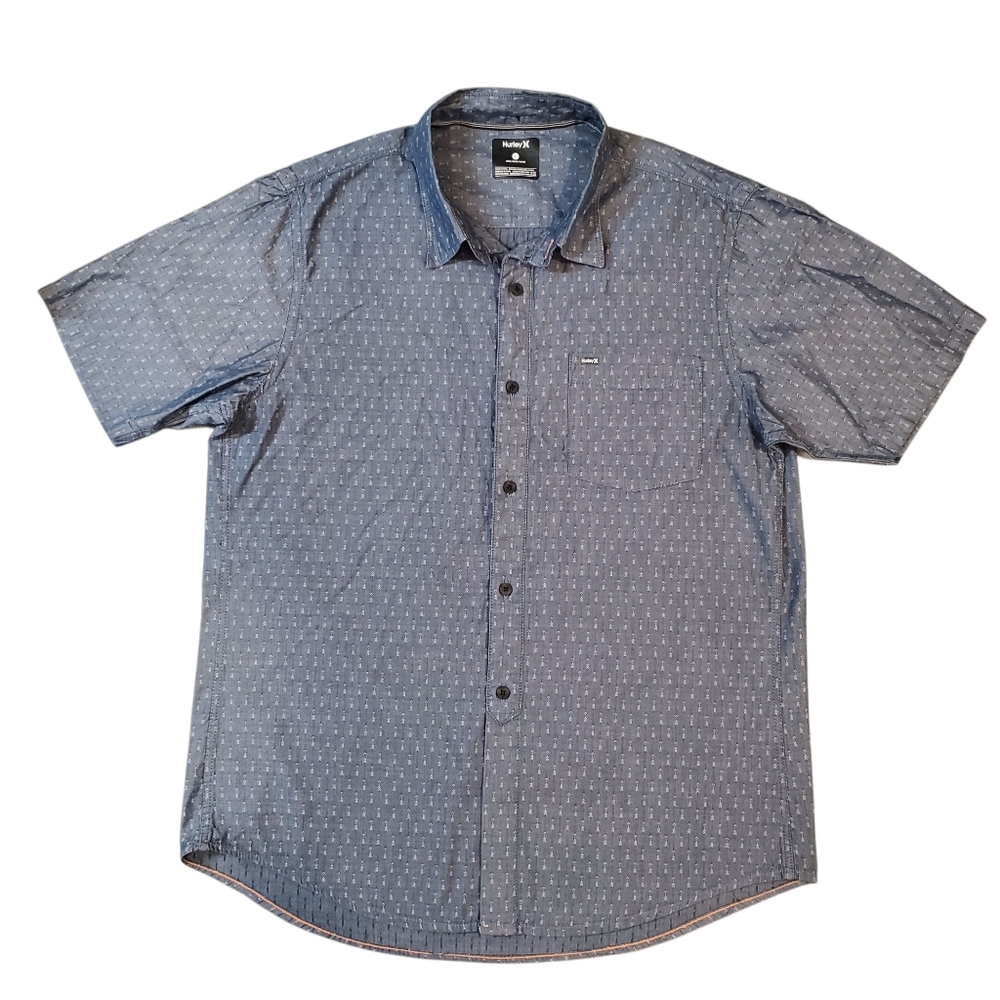Hurley Mens Button Down Short Sleeve Shirt Size Large Blue Geometric Pattern
